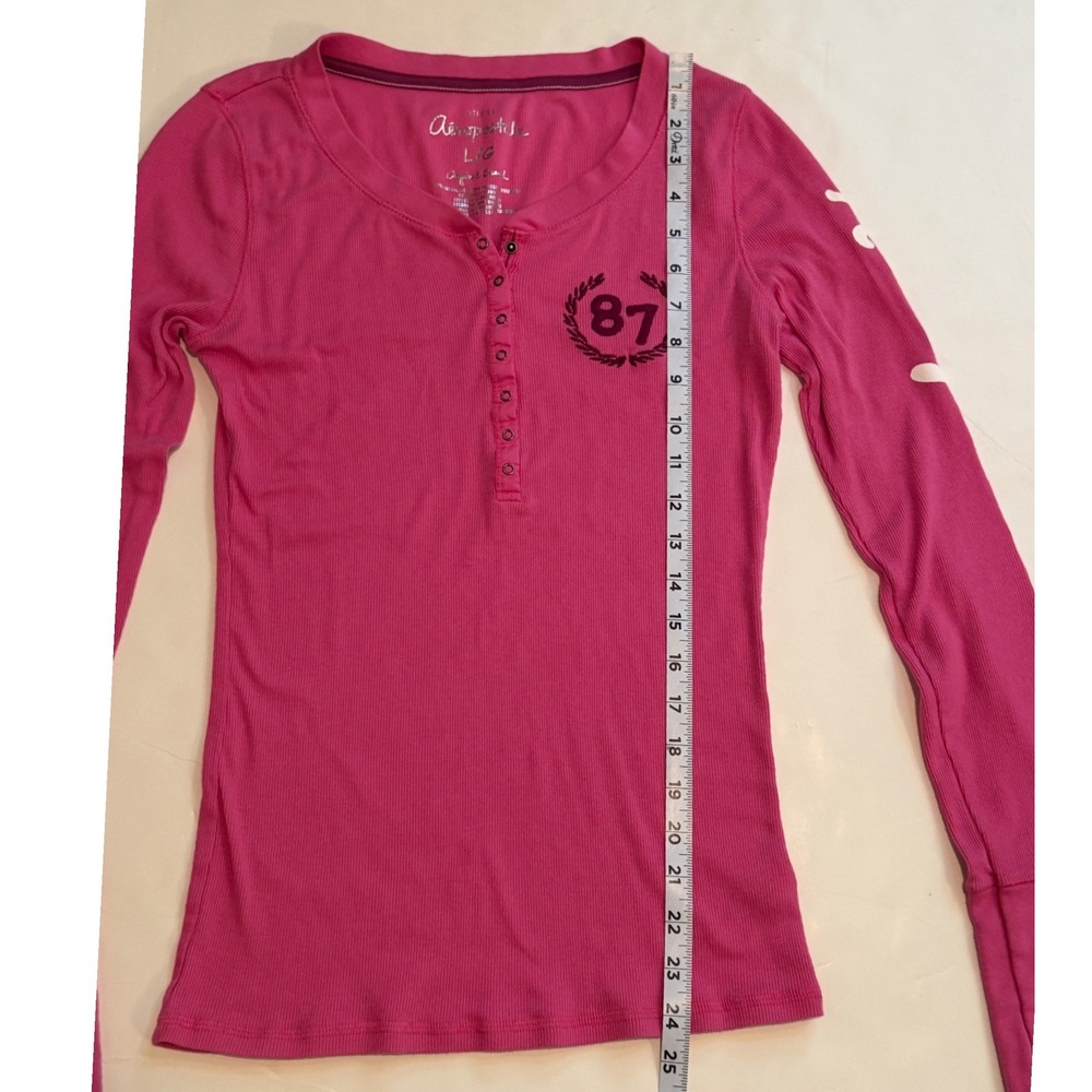 Aeropostale Pink Ribbed Henley Long Sleeve Graphic Shirt 87 Logo Large - Picture 3 of 6